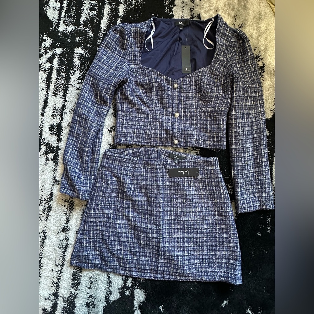 BNWT Lulus Blue Tweed Skirt set size Large